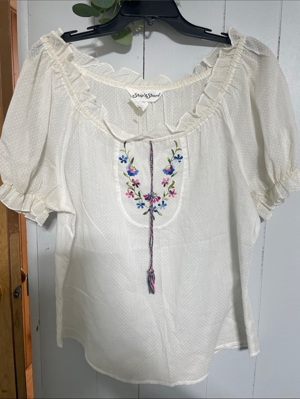 Cream Embroidered Ruffle Neck Peasant Blouse